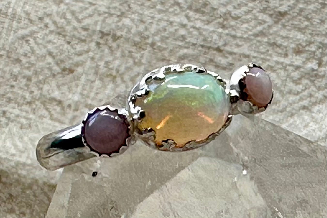 Ethiopian and pink Opal triple cluster ring