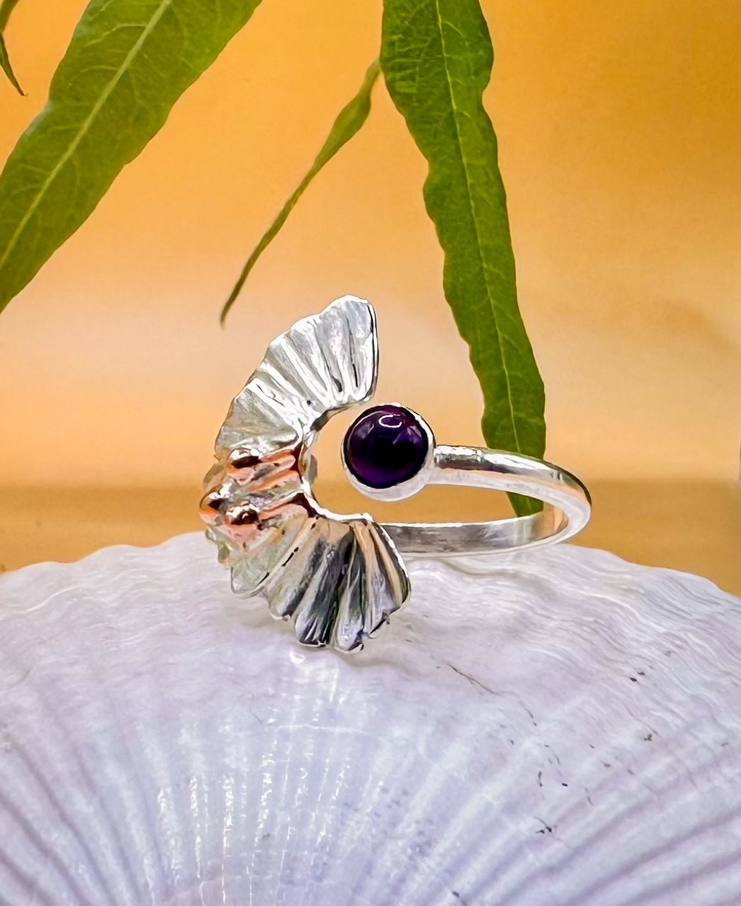 Amethyst Ginko Leaf Ring