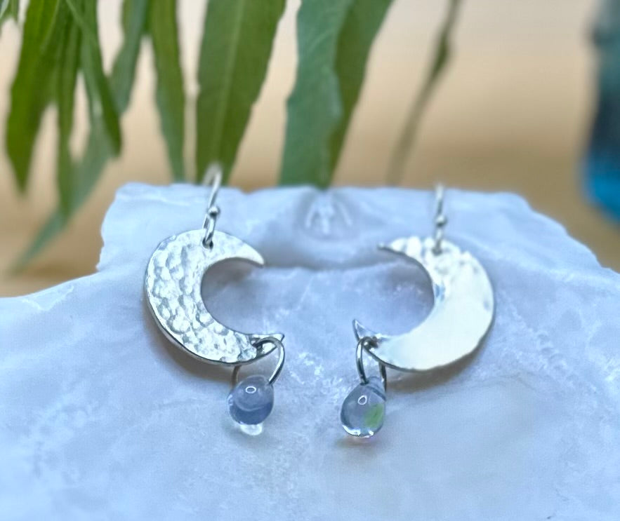 Silver crescent moon earrings with glass drop