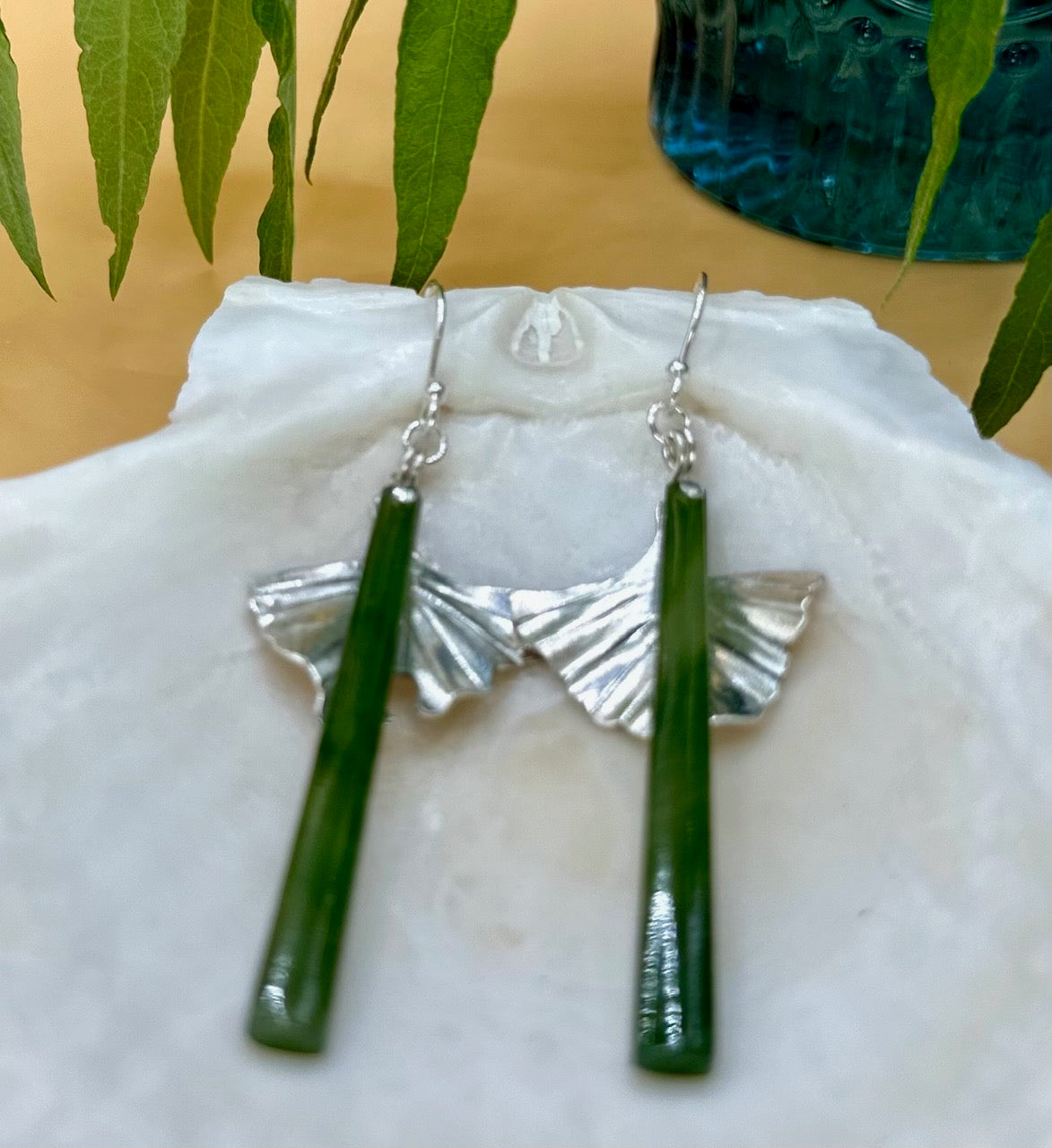 Nephrite Jade and Ginko Leaf earrings