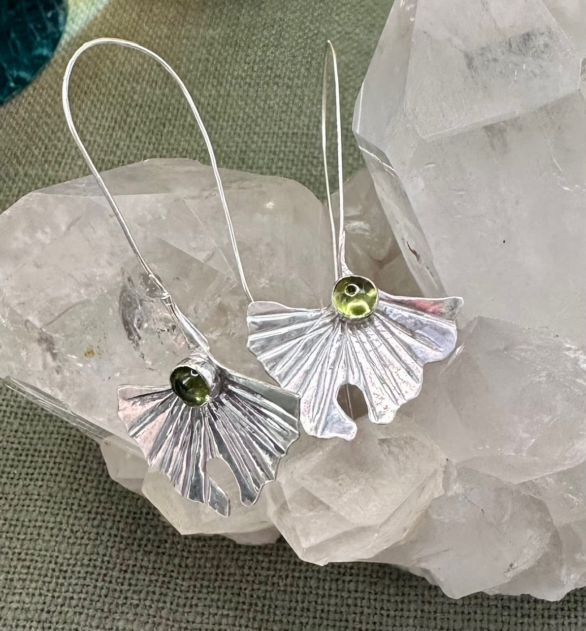 Ginko leaf and peridot earrings