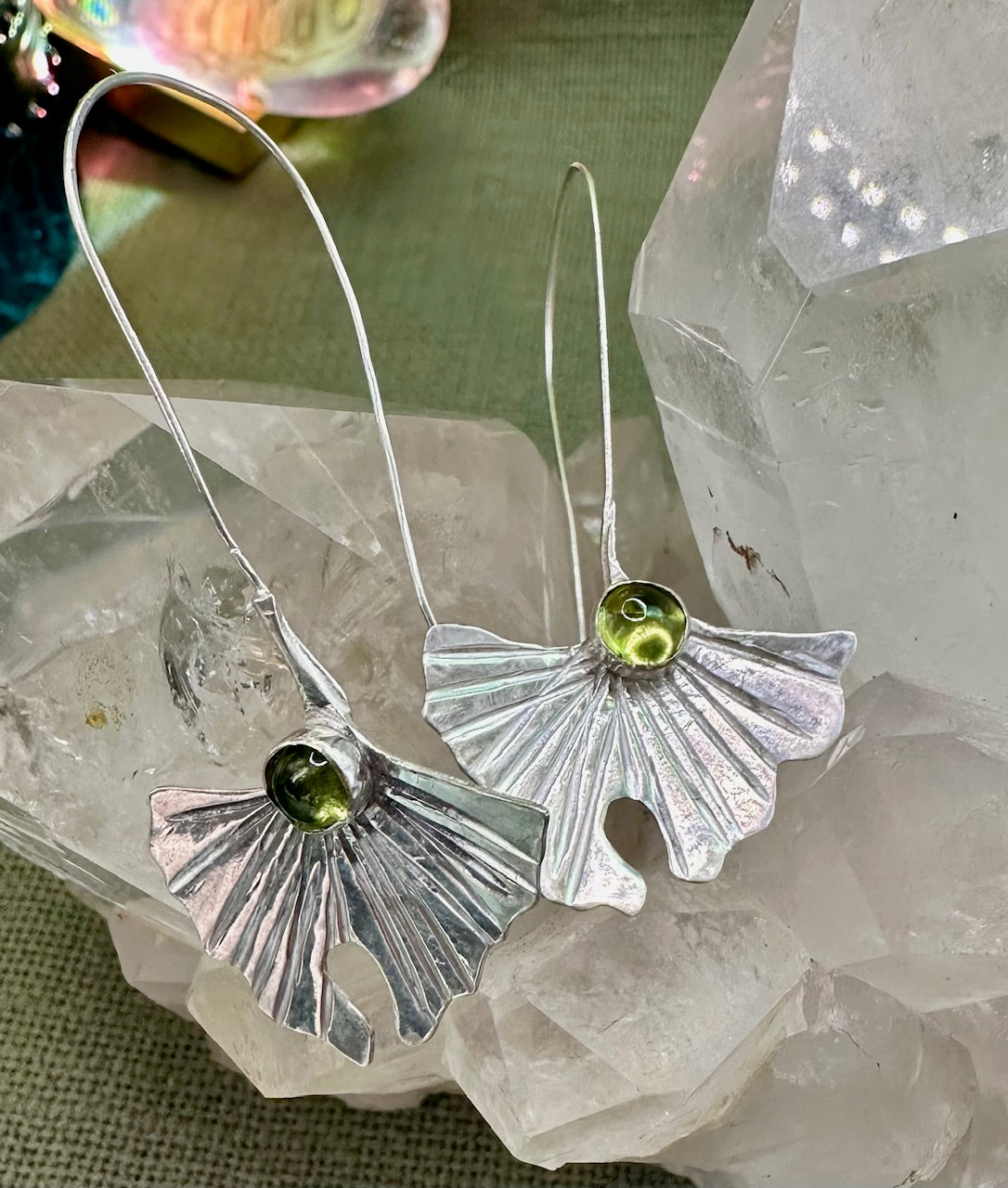 Ginko leaf and peridot earrings