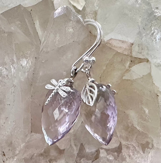 Cut Amethyst dragonfly drop earrings.