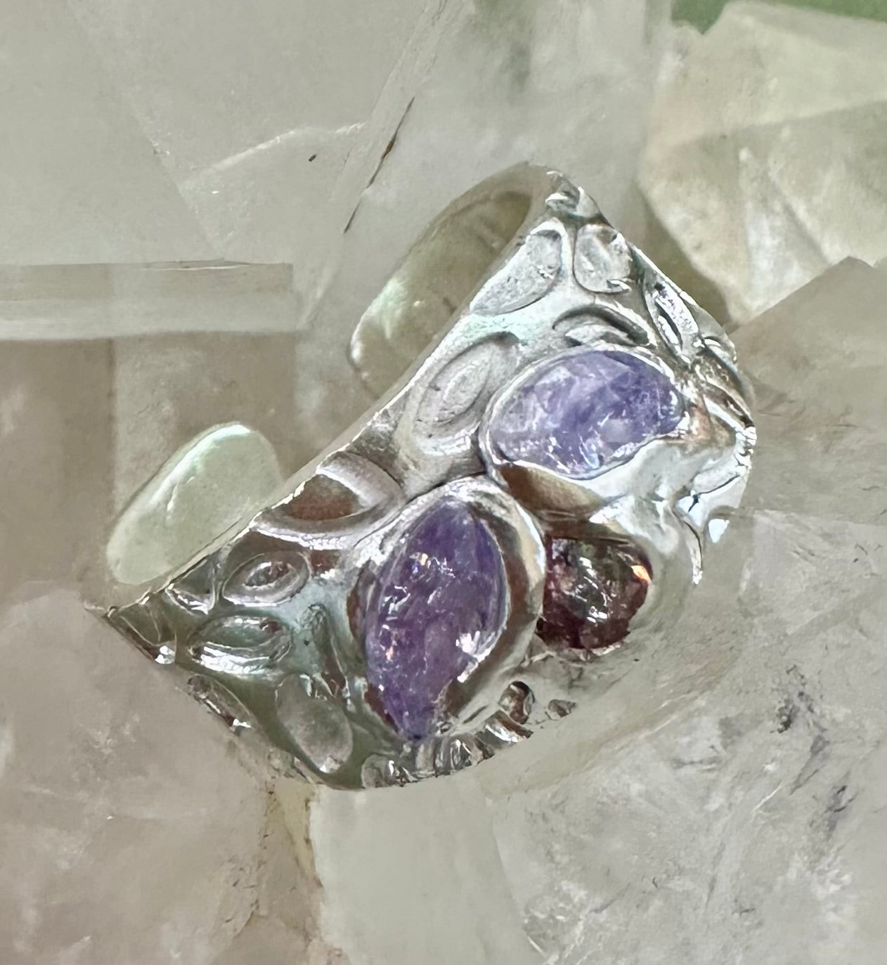 Silver Textured Crystal Ring