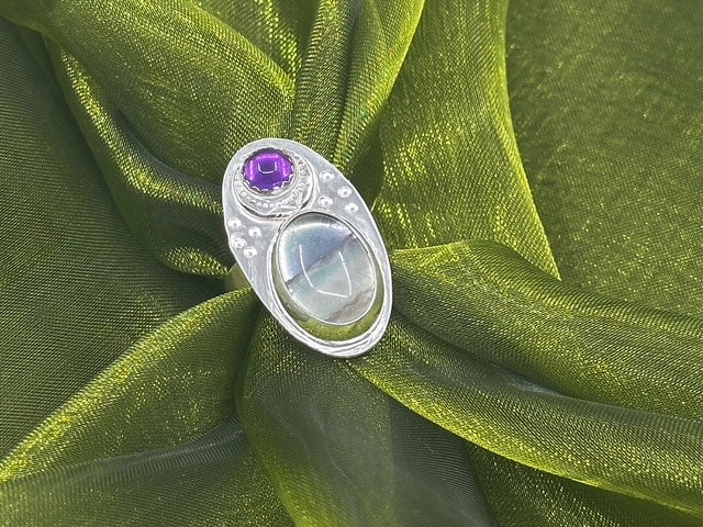 Bohemian flourite, amethyst moon ring