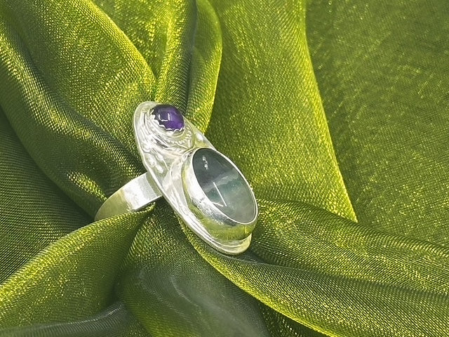 Bohemian flourite, amethyst moon ring