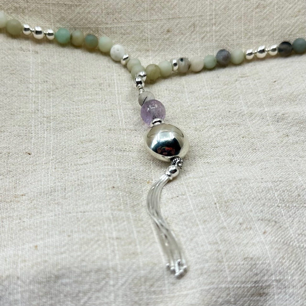 Andean Opal and Silver Mala Beads