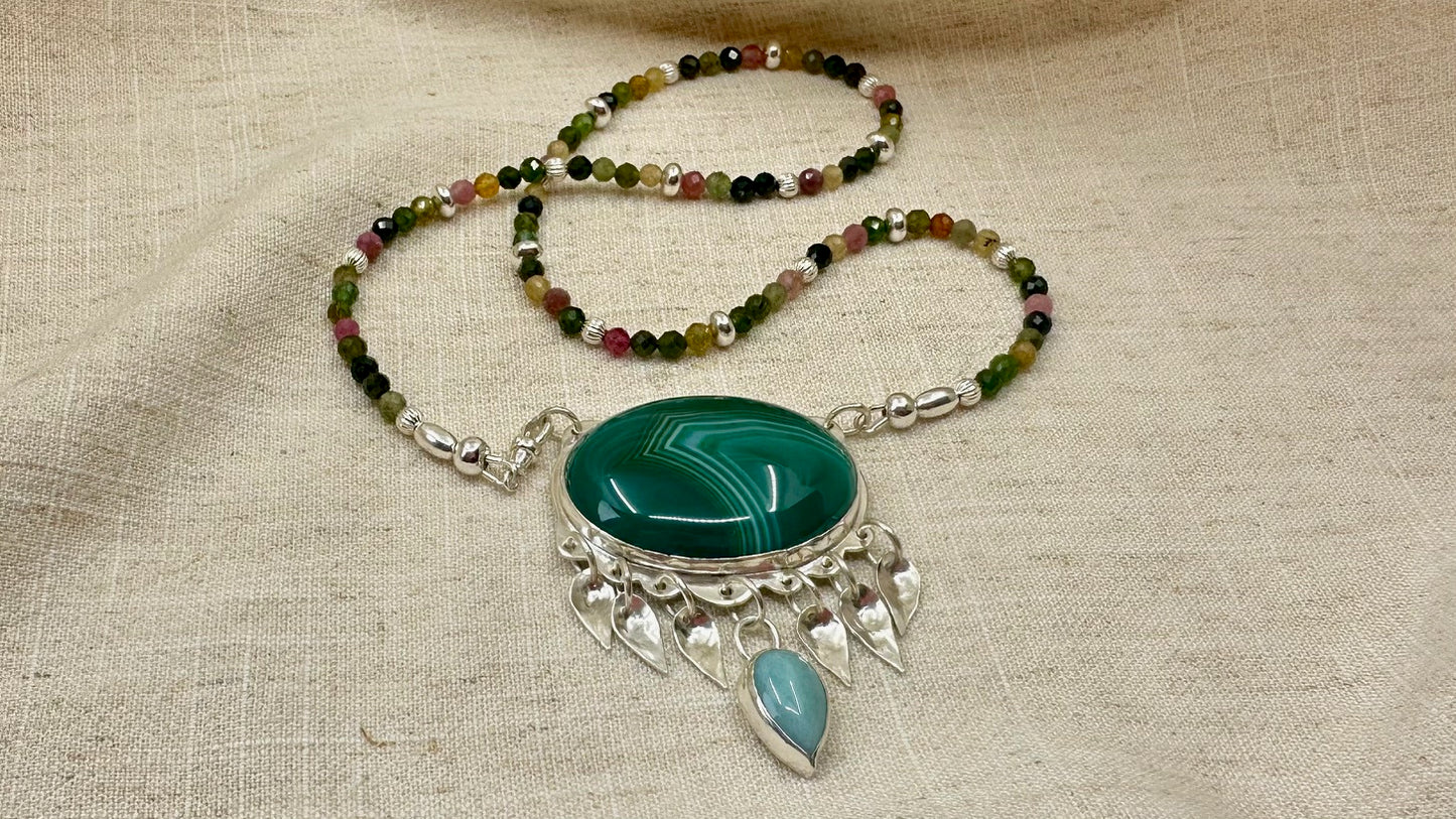 Green Agate, Larimar and Tourmaline Statement Necklace