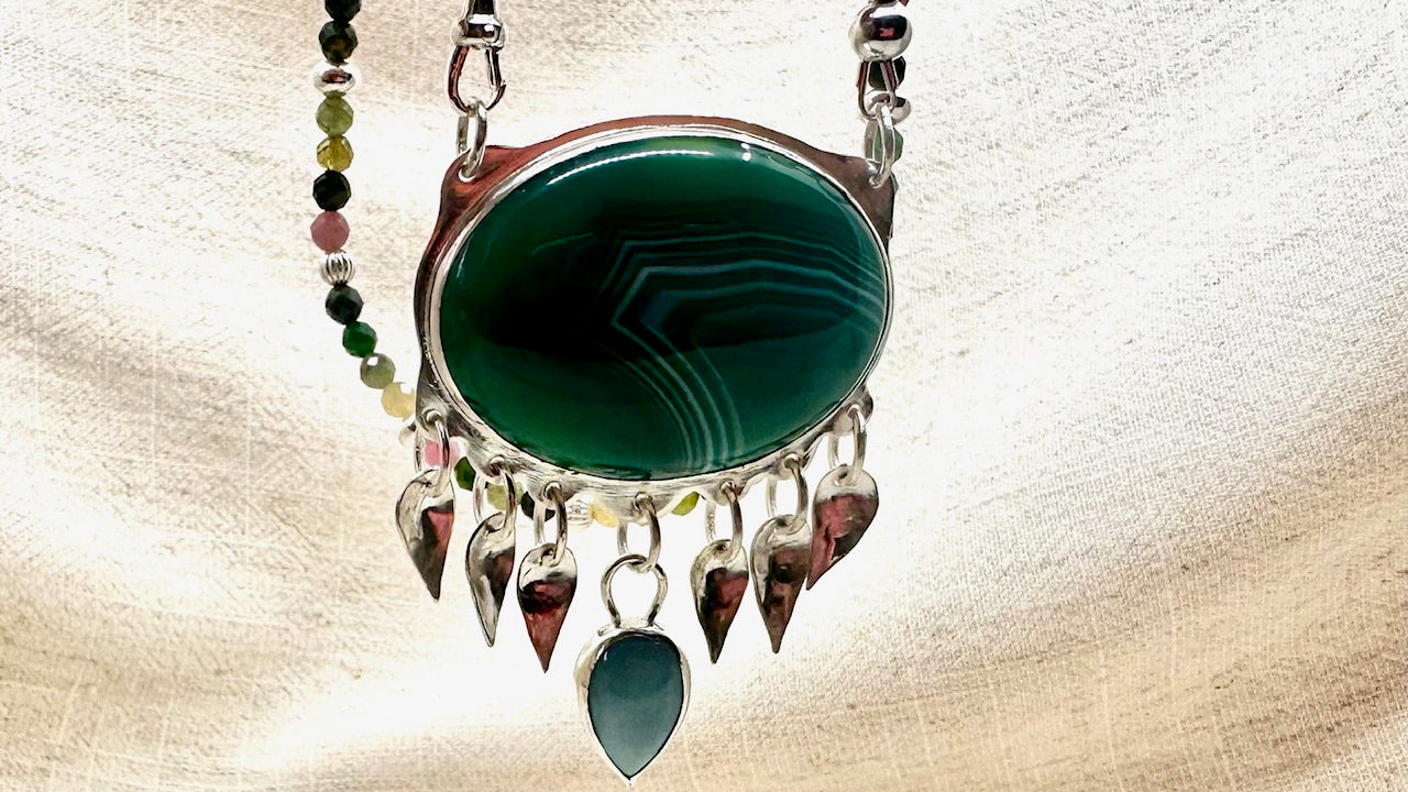 Green Agate, Larimar and Tourmaline Statement Necklace