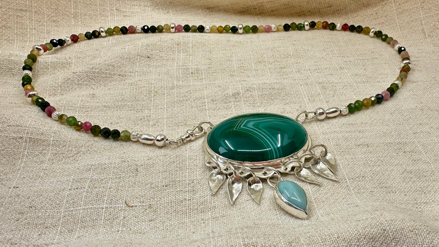 Green Agate, Larimar and Tourmaline Statement Necklace