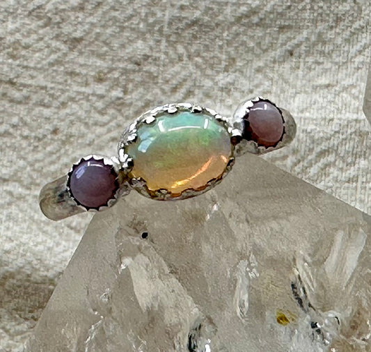 Ethiopian and pink Opal triple cluster ring