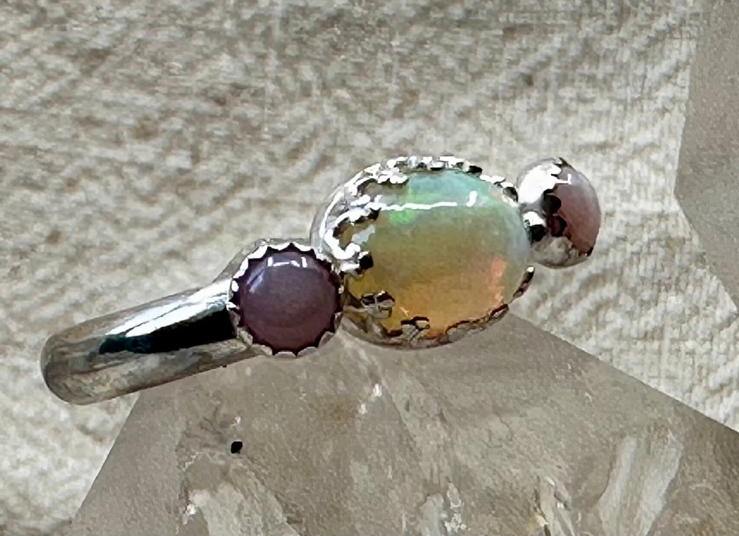 Ethiopian and pink Opal triple cluster ring