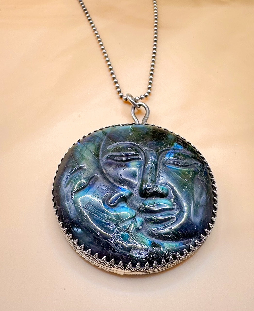 Carved Labradorite Moon Face Pendant