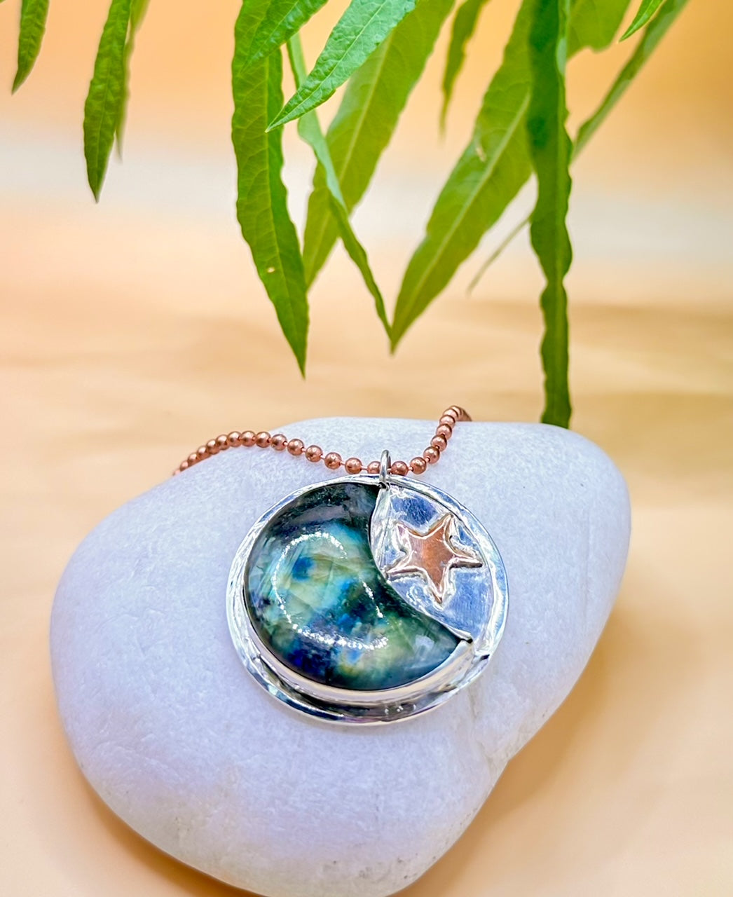 Labradorite crescent moon and copper star pendant