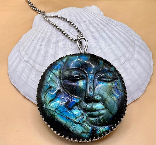 Carved Labradorite Moon Face Pendant