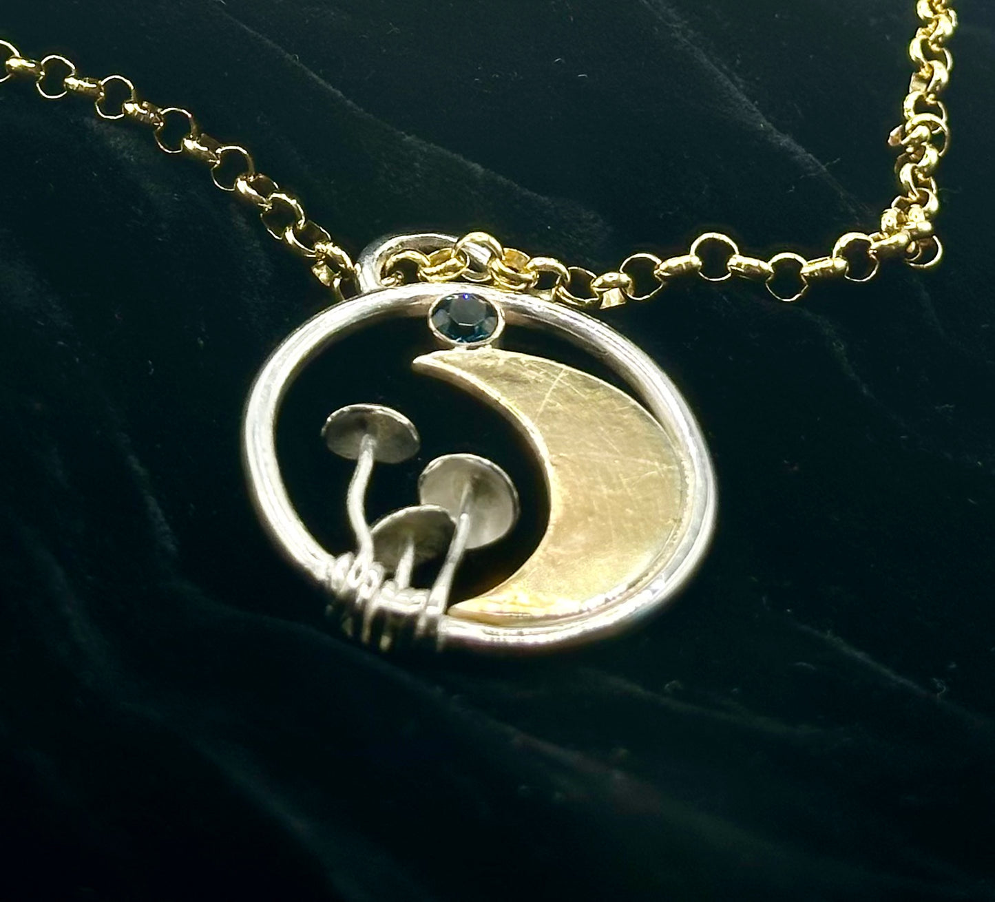 Moon and Mushroom Mixed Metal Pendant