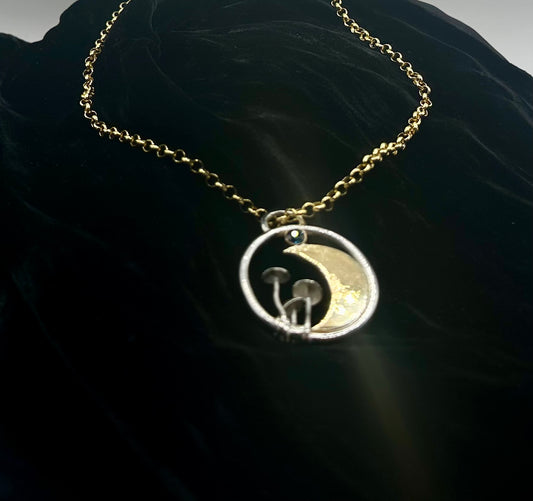 Moon and Mushroom Mixed Metal Pendant