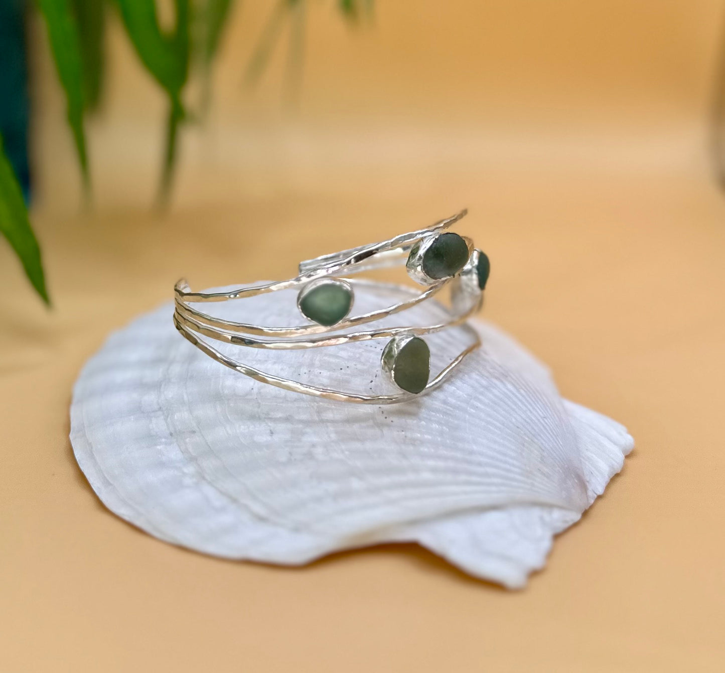 Silver and sea glass wave bangle