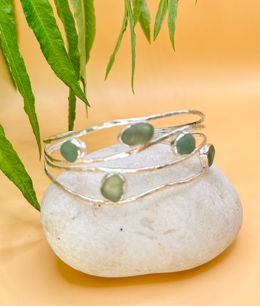 Silver and sea glass wave bangle