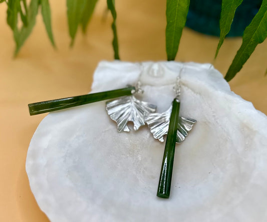 Nephrite Jade and Ginko Leaf earrings