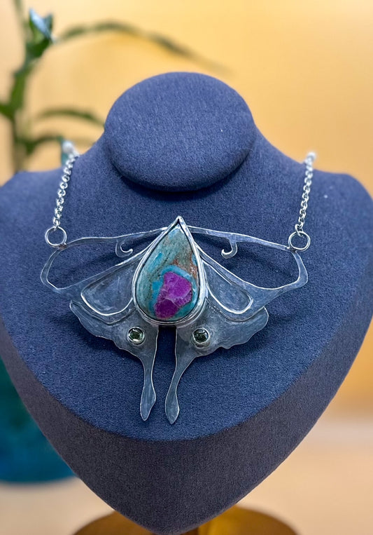 Luna Moth Ruby in Fuschite Statement Necklace