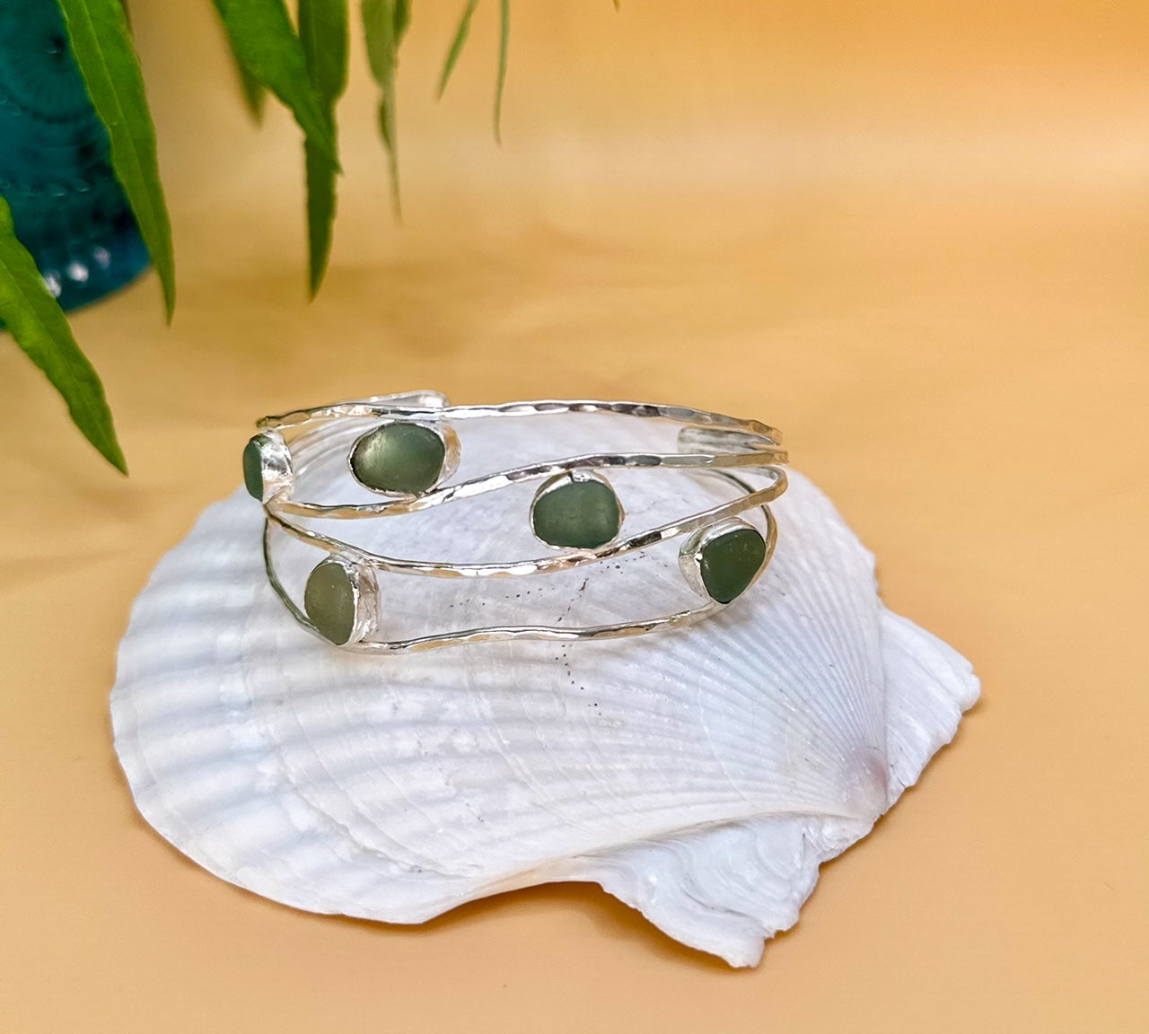 Silver and sea glass wave bangle